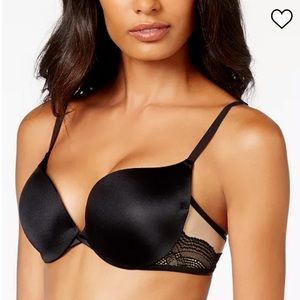 MAIDENFORM Love the Lift Push Up & In Satin Plunge Bra 32C Black Tan Lace